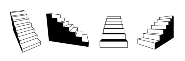 Simplified 3d stairway set. Linear staircase in different perspective. Black and white stair steps collection. Graphic design element pack concept for success, growth, promotion, progress. vector