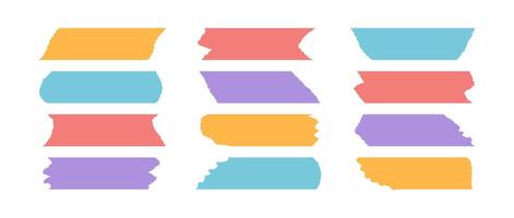 Colorful adhesive tape piece set. Scotch stripes with torn jagged edges. Plastic duct tape band collection. Sticky masking paper for package wrap, blank tag, label, sticker, decoration. vector