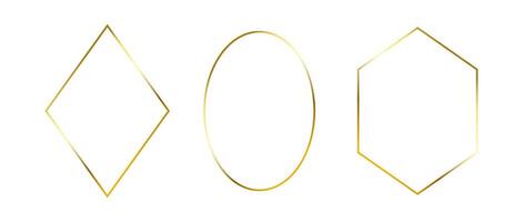 Golden thin frames set. Gold geometric borders in art deco style. Thin linear diamond, ellipse and rhombus collection. Yellow glowing shiny boarder element pack. Bundle for photo, cadre, decor vector