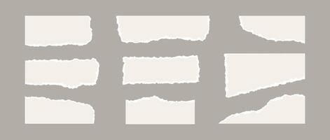 Torn paper piece collection. Beige shapes with jagged uneven edges. Ripped different paper fragment set. Textured grunge element bundle for collage, text box, banner, sticker, poster, flyer. vector
