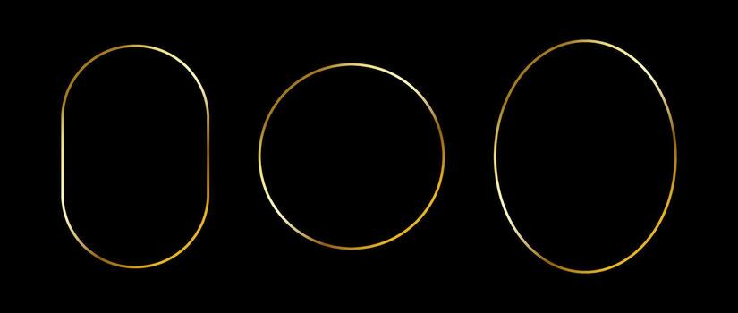 Golden thin frame set. Gold geometric borders in art deco style. Thin linear oval, circle, ellipse frames collection. Yellow glowing shiny boarder element pack. Bundle for photo, cadre, decor vector