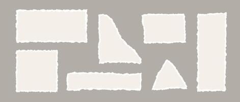 Beige torn paper pieces collection. Ecru shapes with jagged uneven edges. Ripped different paper fragment set. Textured grunge element bundle for collage, text box, banner, sticker, poster. vector