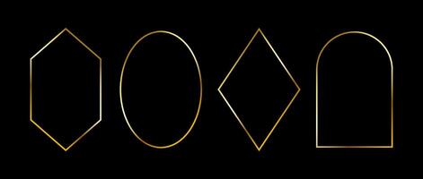 Golden thin frames set. Gold geometric borders in art deco style. Thin linear diamond, ellipse, arch, rhombus collection. Yellow glowing shiny boarder element pack. Bundle for photo, cadre vector