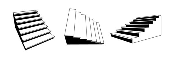 Simple linear stairway set. 3d staircase in different perspective. Black and white stair steps collection. Graphic design element pack concept for success, growth, promotion, progress. vector