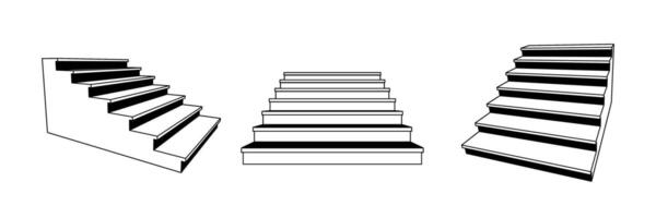 Simple 3d stairway set. Line staircase in different perspective. Black and white stair steps collection. Graphic design element pack concept for success, growth, promotion, progress. vector
