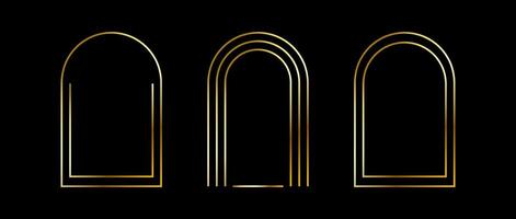 Golden thin arc frame set. Gold geometric borders in art deco style. Thin linear arch and curved shape collection. Yellow glowing shiny boarder element pack. Bundle for photo, cadre, poster vector