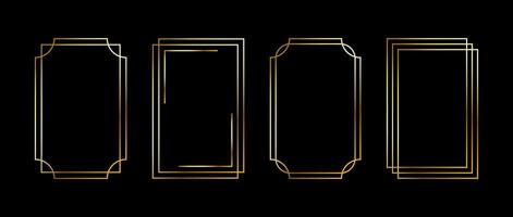 Golden thin frame set. Gold geometric borders in art deco style. Thin linear radiance rectangular shape collection. Yellow glowing shiny boarder element pack. Bundle for photo, cadre, poster vector