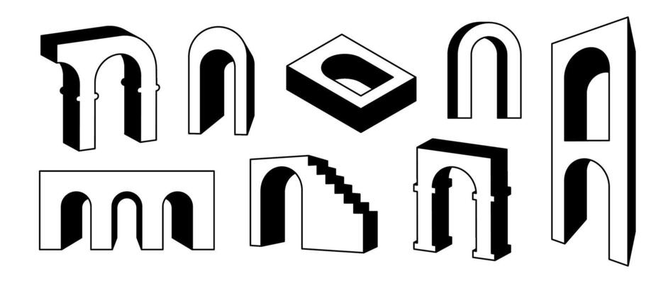 Set of linear surreal arches in perspective. Outline fun geometric element collection. Bold 3d arc doors, arcs, gates bundle. Trippy shapes bundle for collage, poster, banner, sticker. Art pack