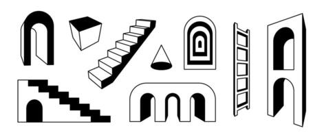 Line stairs and arcs set. Black white surreal geometric element collection. 3d perspective arch door, ladder, staircase, gate bundle. Trippy shapes for collage, poster, banner, sticker. vector