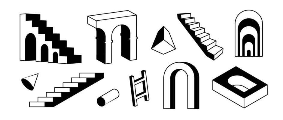 Set of line stairs and arches in perspective. Black white surreal geometric element collection. 3d arc door, ladder, staircase, gate bundle. Trippy shapes for collage, poster, banner, sticker.