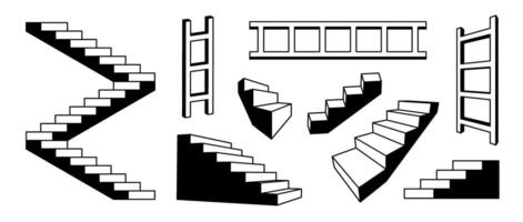 Linear stairs and ladders set. Black white surreal geometric element collection. 3d perspective steps and staircases bundle. Architecture outline shapes for collage, poster, banner. Art pack vector