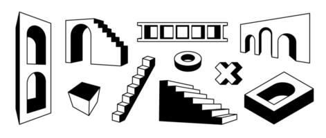 Line stairs and arches set. Black white surreal geometric element collection. 3d perspective arc door, ladder, staircase, gate bundle. Trippy shapes for collage, poster, banner, sticker. vector