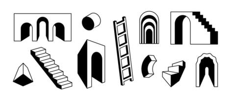 Line stairs and arcs set. Black white surreal geometric element collection. 3d perspective arch door, ladder, staircase, gate bundle. Retro shapes for collage, poster, banner, sticker. Art pack vector