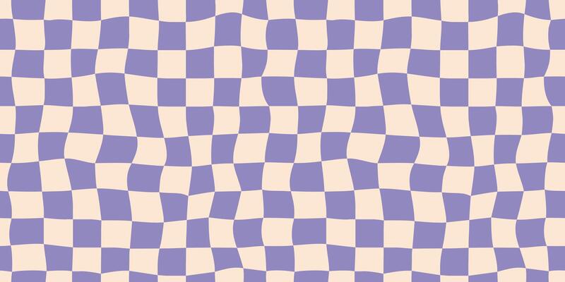 Seamless purple checkerboard pattern. Repeating distorted checkered texture. Groovy trippy abstract background. Vintage retro style wallpaper for textile, fabric, wrapping paper. Check surface