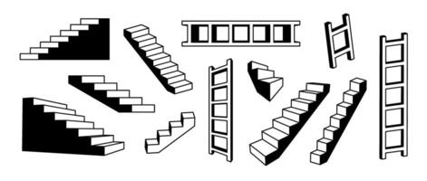 Linear stairs and ladders set. Black and white surreal geometric element collection. 3d perspective steps and staircases bundle. Retro outline shapes for collage, poster, banner. Art pack vector
