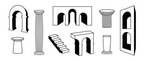 Line arches, columns and stair collection. Outline surreal geometric element set. Black bold 3d arc doors pillars, staircase, gates bundle. Trippy shapes for collage, poster, banner, sticker. vector