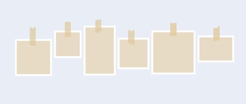 Set of photo frames glued on adhesive tape. Mood board template for mockup, poster design, banner, flyer, brochure. 6 empty square and rectangle paper note pieces collection. Blank memo pack vector