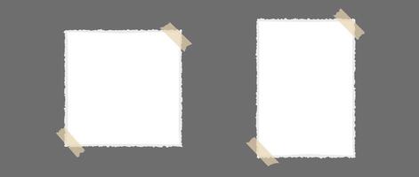 Ripped paper glued on adhesive tape. Jagged templates for mockup, poster design, banner, flyer, brochure, mood board, photo album. Empty craft rectangle and square paper note pieces. Blank memo vector