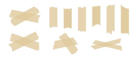 Beige adhesive tape piece set. Crossed scotch stripes with torn jagged edges. Plastic duct tape band collection. Sticky masking paper for package wrap, blank tag, label, sticker, collage. vector
