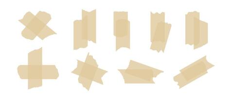 Beige adhesive tape piece set. Different scotch stripes with torn jagged edges. Plastic duct tape band collection. Sticky masking paper for package wrap, blank tag, label, sticker, collage. vector