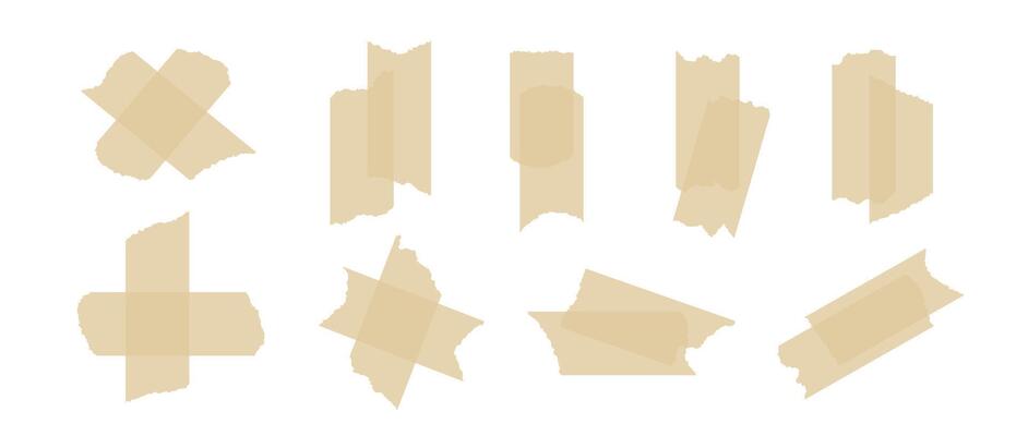 Beige adhesive tape piece set. Different scotch stripes with torn jagged edges. Plastic duct tape band collection. Sticky masking paper for package wrap, blank tag, label, sticker, collage.