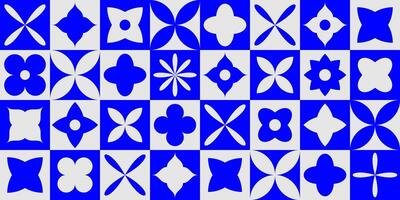 Seamless abstract flower shape pattern. Bold Swiss mosaic block forms in repeating background. Blue and grey graphic design floral elements for poster, cover, presentation, print, banner. vector