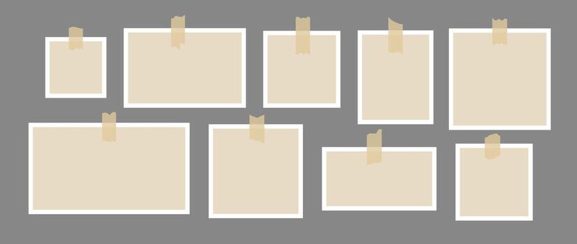 Set of photo frames glued on adhesive tape. Mood board template for mockup, poster design, banner, flyer, brochure. Empty square and rectangle paper note pieces collection. Blank memo pack vector