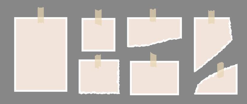 Set of image frames and torn paper glued on adhesive tape. Mood board template for mockup, poster design, banner, flyer, brochure. Empty jagged edge paper pieces collection. Blank memo pack vector