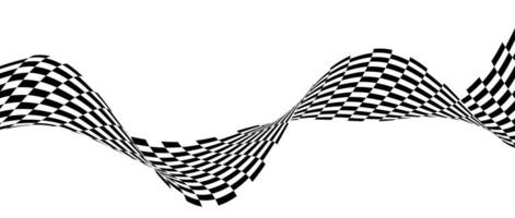 Black and white wavy bent ribbon element. Curved checkered stripe background. Liquid abstract line wallpaper for banner, cover, poster, presentation, brochure, flyer. Optical illusion backdrop vector