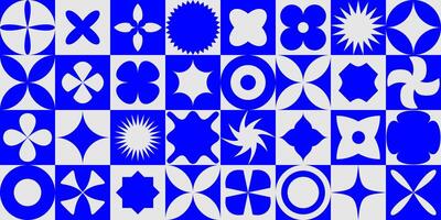 Seamless abstract geometric shape pattern. Bold Swiss mosaic block forms in repeating background. Blue and grey graphic design primitive elements for poster, cover, presentation, print, banner. vector