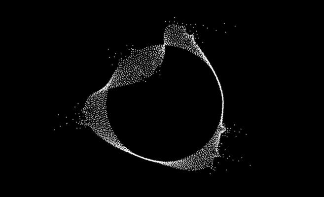 White dotted circular dissolving lines. Stipple disintegrating curved wavy circle in black background. Halftone grain textured sphere. Radial grunge noise particles or speckles. Dot work shape