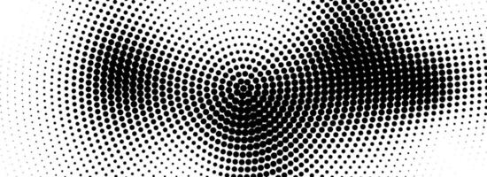 Radial halftone grunge fading texture. Vanishing dotted circle line background. Pixel pop art gradient backdrop. Retro comic cartoon noise for poster, overlay, cover, print. Grain wallpaper vector