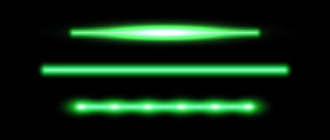 Green neon tube lamp set. Glowing led light line beam collection. Bright luminous fluorescent bar stick lines. Shining strip element pack to divide, separate, decorate. vector
