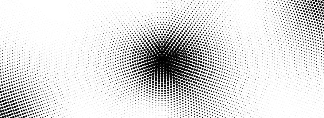 Radial halftone comic grunge texture. Abstract circle dotted line background. Black pop art dot gradient backdrop. Retro cartoon for poster, overlay, cover, print. Noise grain pattern wallpaper