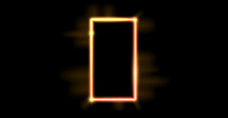 Glowing neon rectangular frame. Golden yellow shining border. Neon light portal door concept. Gold rectangular border with flares. Morden Design element for poster, banner, game.