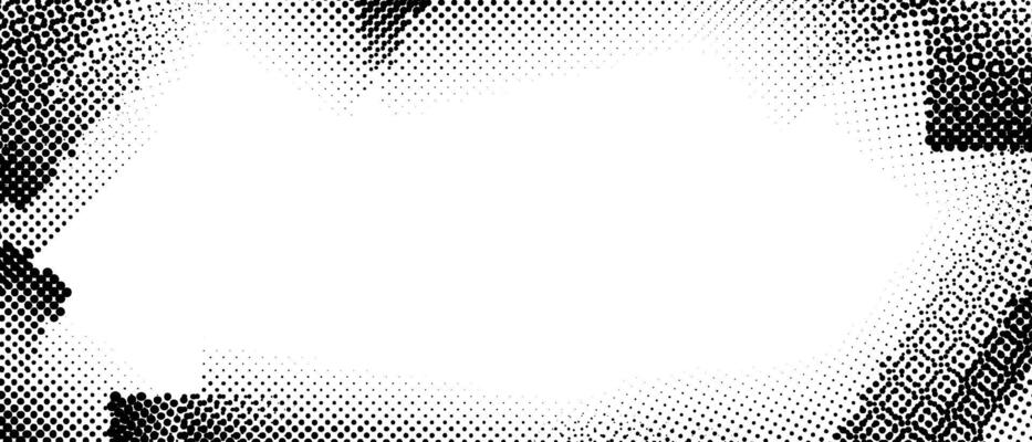 Halftone grunge frame. Retro dotted border overlay template for poster, design cover, banner, booklet, brochure, magazine. Vintage scratched background. Textured pop art comic brush wallpaper.