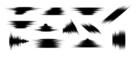 Halftone glitch element set. Dotted textured geometric form collection. Grunge abstract halftone spikey shapes for print, banner, poster, collage, overlay, label, tag. Distressed grunge pack vector