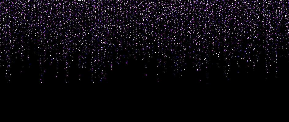Purple confetti garland on dark background. Falling glitter and sparkle wallpaper. Violet and blue shining dots repeating pattern. Magic dust sparkling decoration for Christmas.