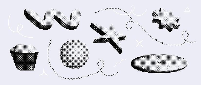 Bitmap pixelated shape set. Dither halftone geometric object collection. Black sphere, disk, star, sparkle, wave elements for banner, poster, leaflet. Pixel 3d raster effect bundle. vector