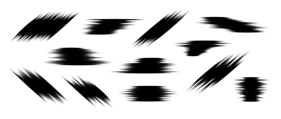 Halftone glitch element set. Dotted textured different forms collection. Grunge abstract halftone spikey shapes for print, banner, poster, collage, overlay, label, tag. Distressed grunge pack