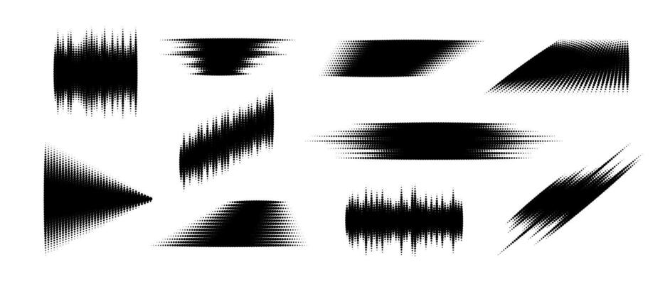 Halftone glitch element set. Dotted textured geometric form collection. Grunge abstract halftone spikey shapes for print, banner, poster, collage, overlay, label, tag. Distressed distorted pack