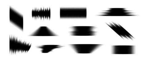 Halftone glitched element set. Dotted textured geometric form collection. Grunge abstract halftone shapes for print, banner, poster, collage, overlay, label, tag. Distressed distorted pack vector