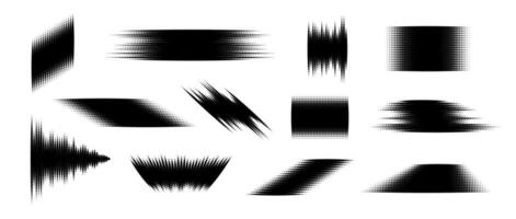 Halftone glitched element set. Dotted textured geometric form collection. Grunge abstract halftone shapes for background, banner, poster, collage, overlay, label, tag. Distressed distorted pack vector