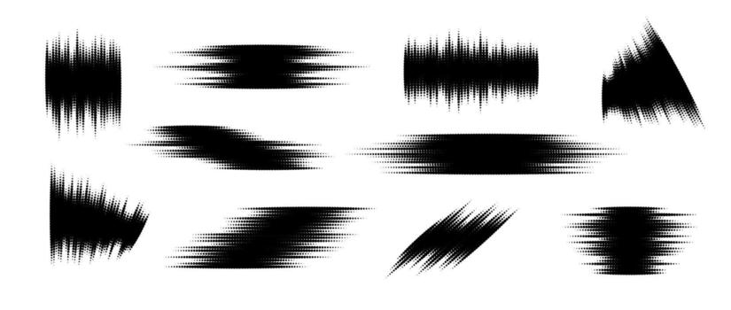 Halftone glitch element set. Dotted textured random form collection. Grunge abstract halftone spikey shapes for print, banner, poster, collage, overlay, label, tag. Distressed grunge pack vector
