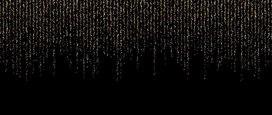 Golden confetti garland on dark background. Falling gold glitter and sparkle wallpaper. Yellow and golden shining dots repeating pattern. Magic dust sparkling decoration for Christmas.