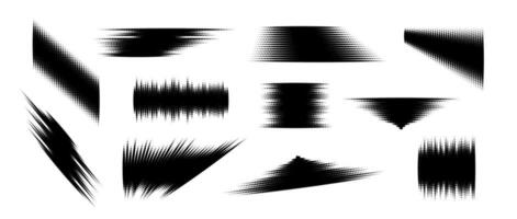 Halftone glitch element set. Dotted textured geometric form collection. Grunge abstract halftone spikey shapes for print, banner, poster, collage, overlay, label, tag. Distressed sharp pack vector