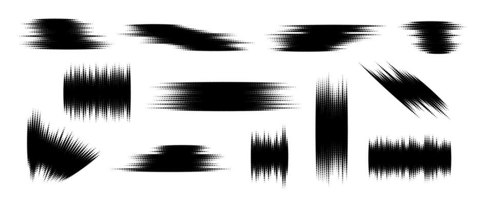 Halftone glitch element set. Dotted textured random form collection. Black grunge abstract halftone spikey shapes for print, banner, poster, collage, overlay, label, tag. Distressed grunge pack