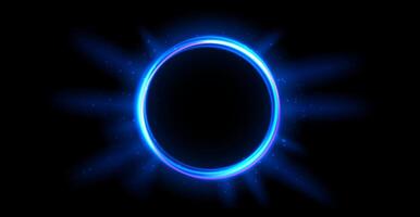 Blue glowing portal concept. Neon hologram teleport on black background. Circle digital gate with aura and beams and rays. Round flare podium template for game, ui, interface. vector