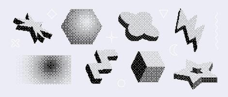 Bitmap textured shape set. Dither halftone geometric object collection. Black cube, zigzag, star, bolt, flower, hexagon elements for banner, poster, leaflet. Pixel 3d raster effect bundle. vector