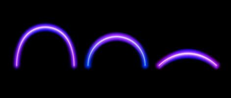 Purple neon glowing arc set. Shining arch shapes collection. Luminous curved lines with flare on dark background. Magic shiny arcs bundle for poster, flyer, brochure. pack vector